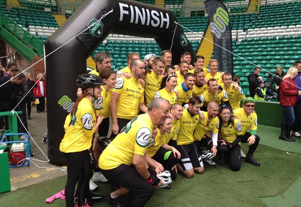 The competitors at the finish line within Celtic Park.